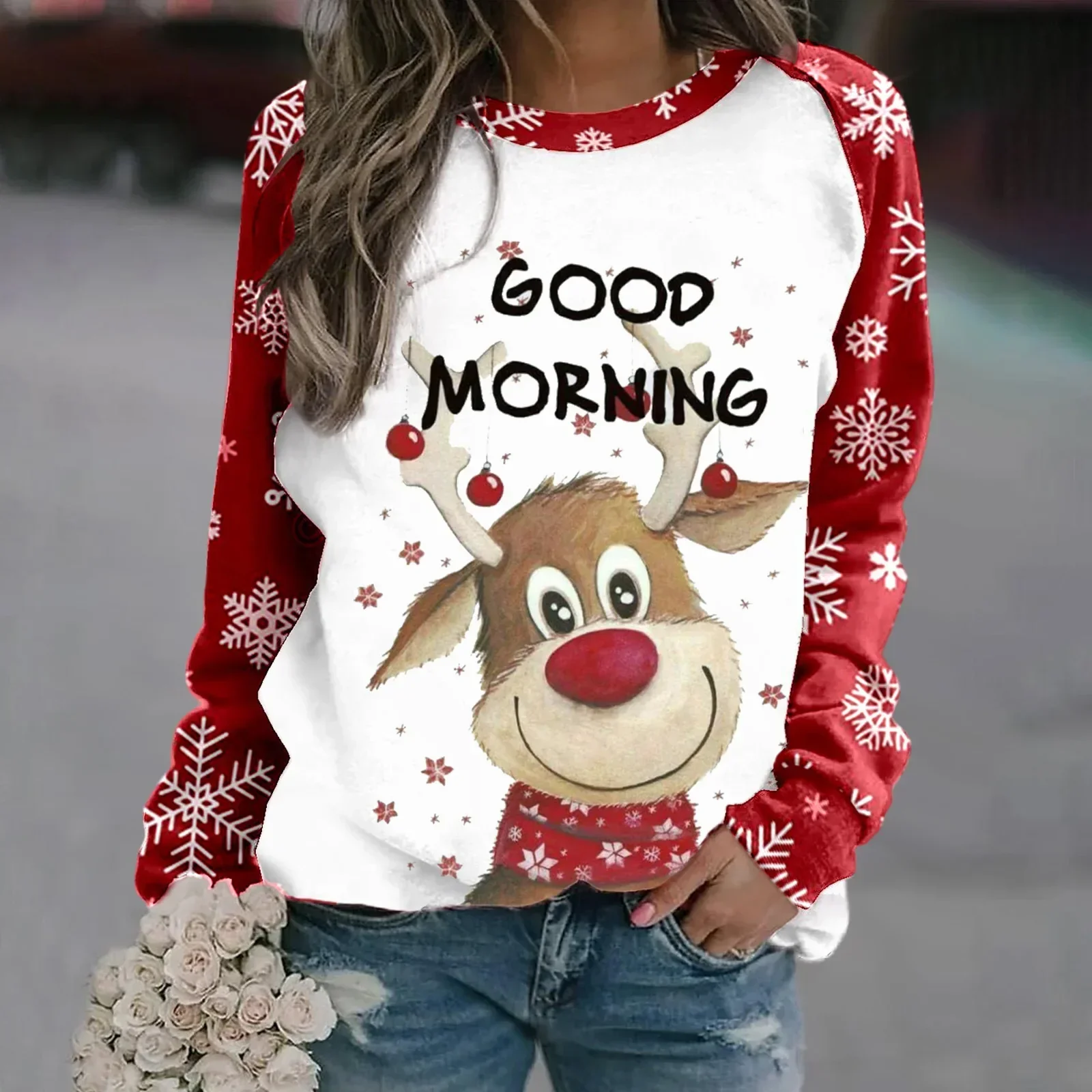 Sara | Warm 3D printed Christmas reindeer crew neck sweater for women - Image 16