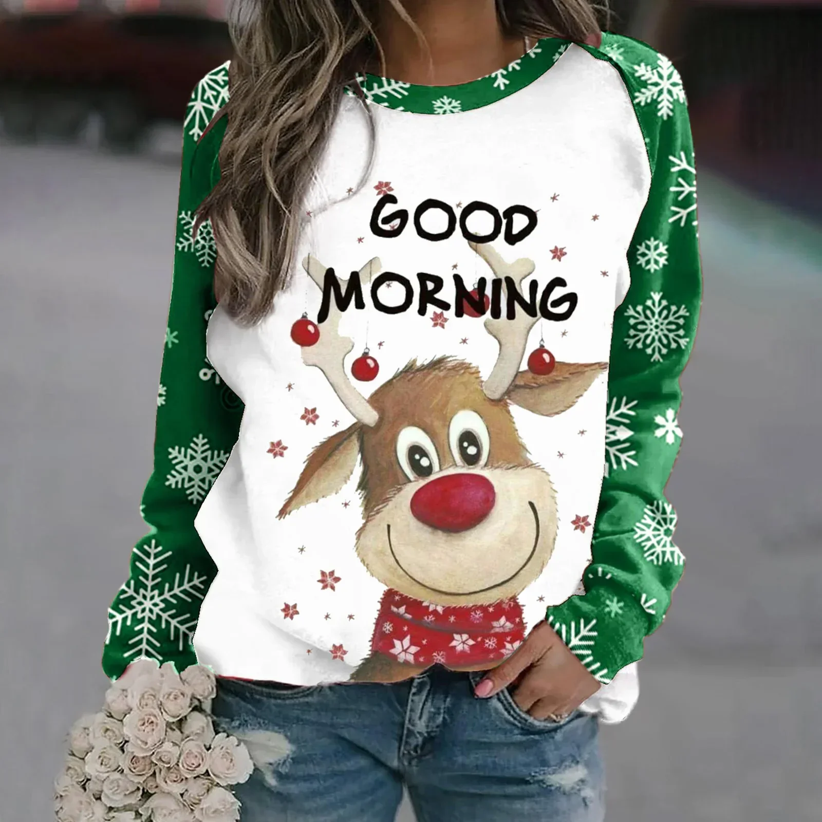 Sara | Warm 3D printed Christmas reindeer crew neck sweater for women - Image 17