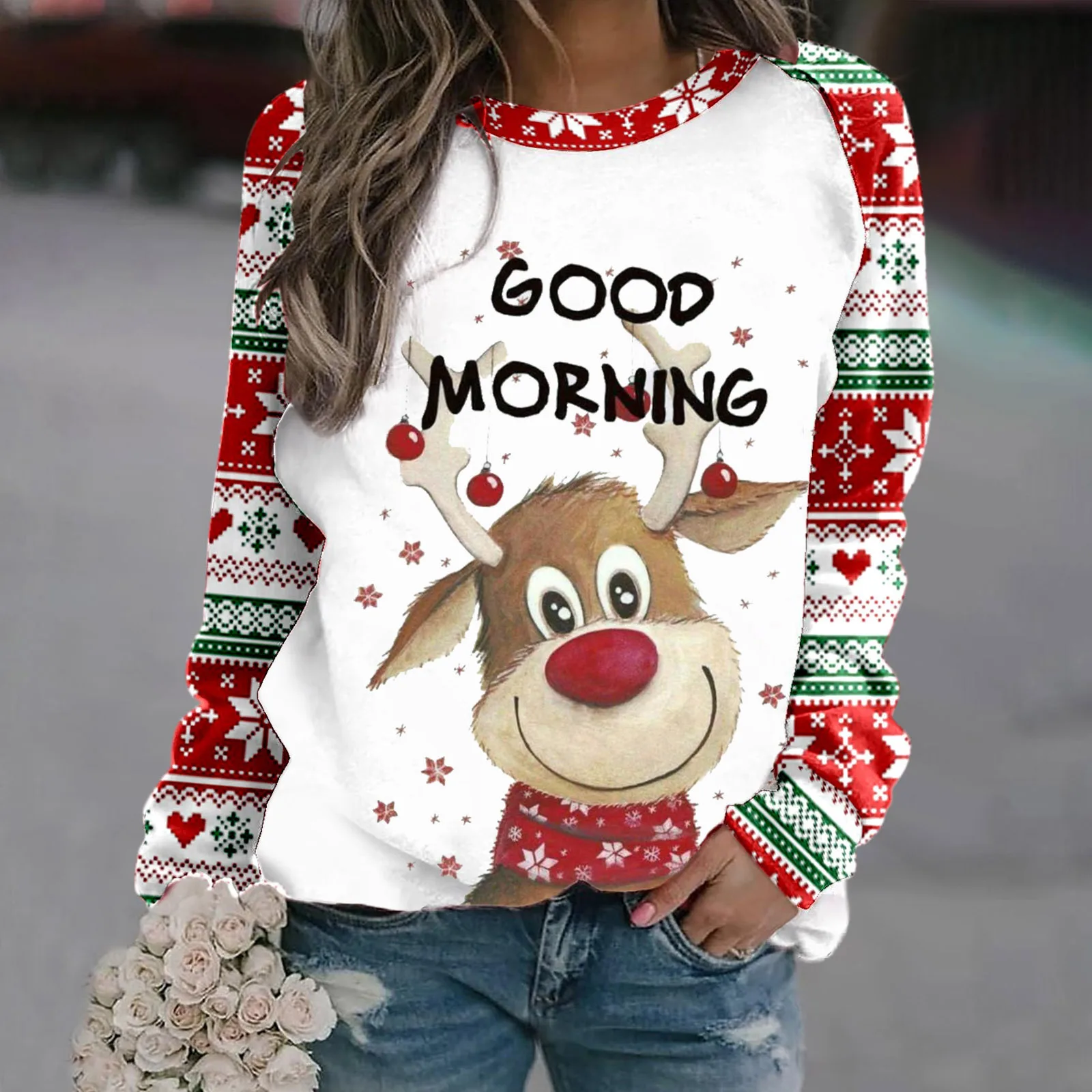 Sara | Warm 3D printed Christmas reindeer crew neck sweater for women - Image 2