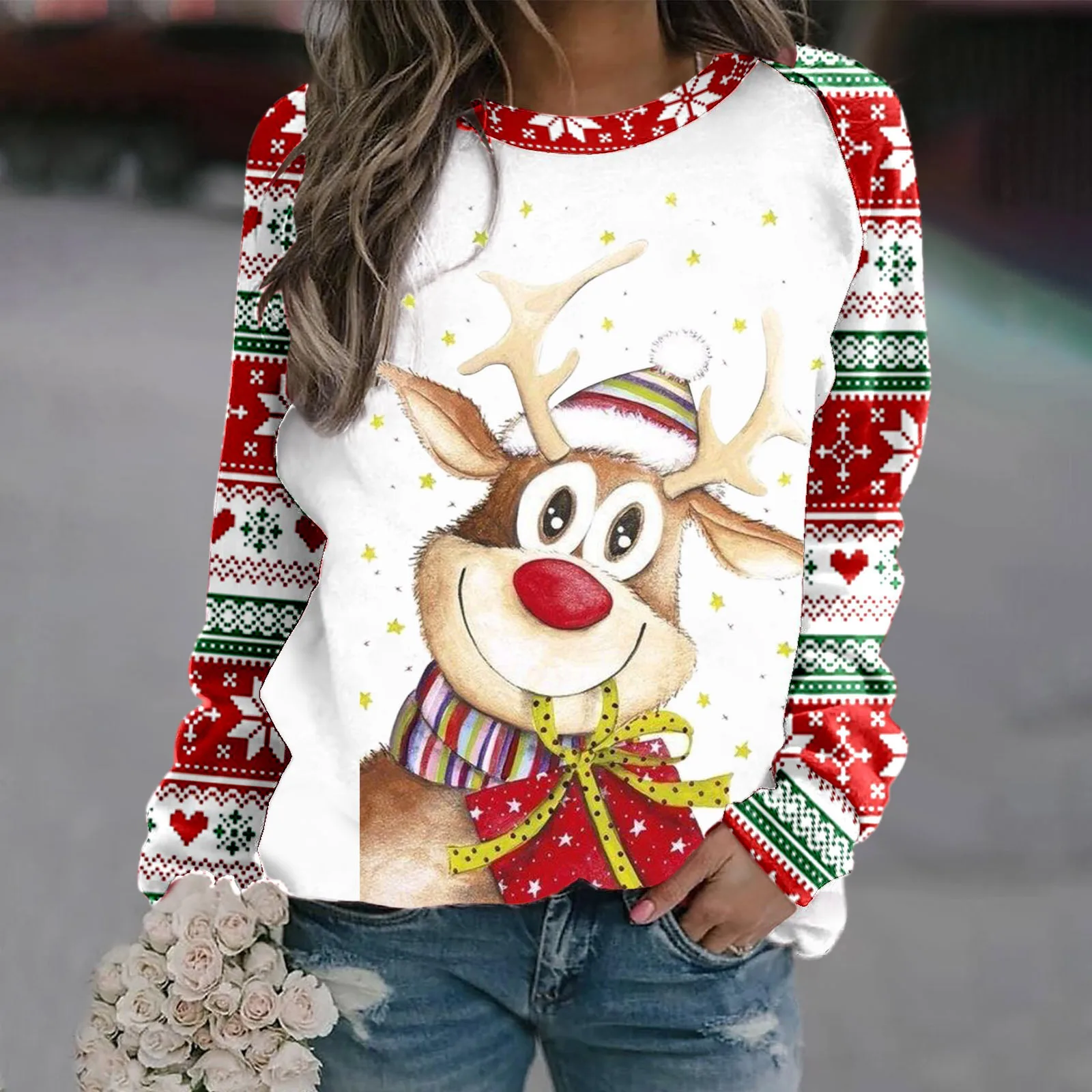 Sara | Warm 3D printed Christmas reindeer crew neck sweater for women - Image 3