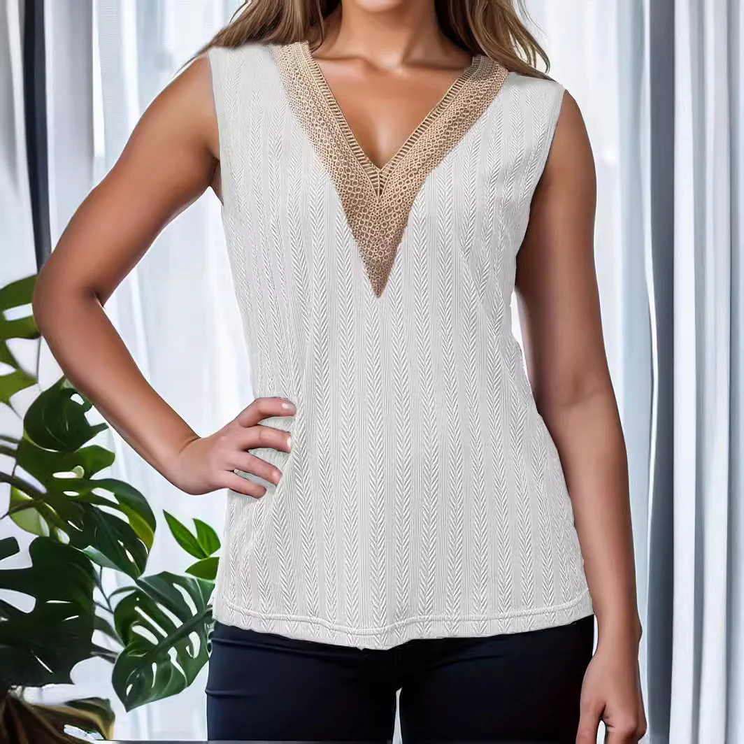 Sara® | Women'S Sleeveless Knitted Top With Elegant V-Neck And Decorative Crochet Pattern