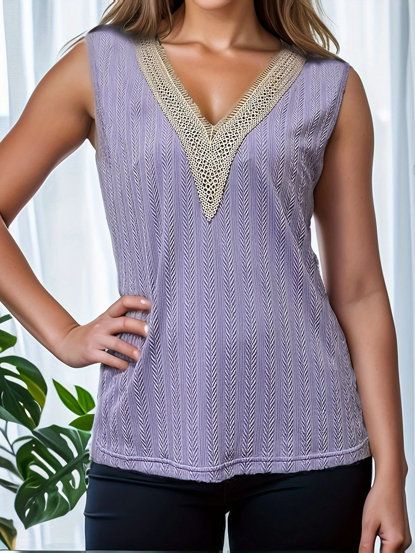 Sara® | Women'S Sleeveless Knitted Top With Elegant V-Neck And Decorative Crochet Pattern - Image 7