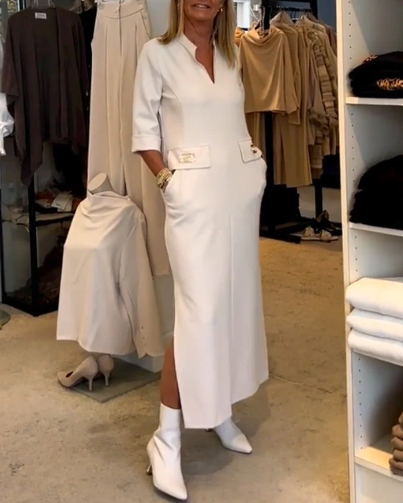 Scarlett® | Solid Color Slit Dress With 3/4 Sleeves