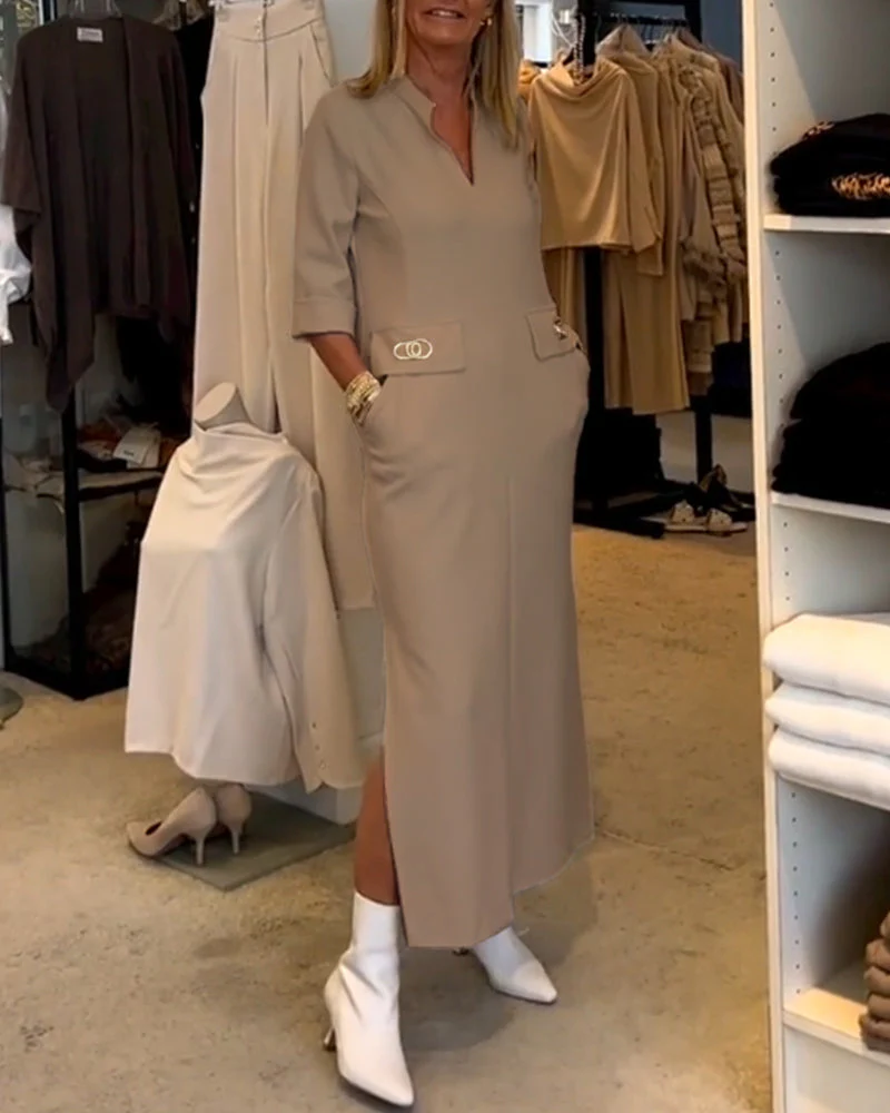 Scarlett® | Solid Color Slit Dress With 3/4 Sleeves - Image 2
