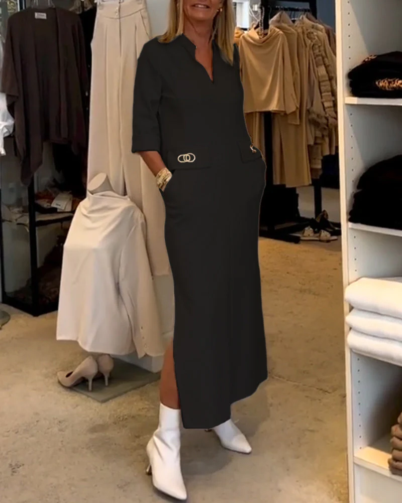 Scarlett® | Solid Color Slit Dress With 3/4 Sleeves - Image 3