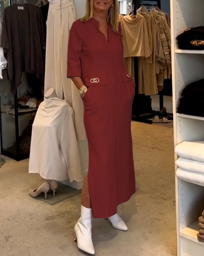 Scarlett® | Solid Color Slit Dress With 3/4 Sleeves - Image 4