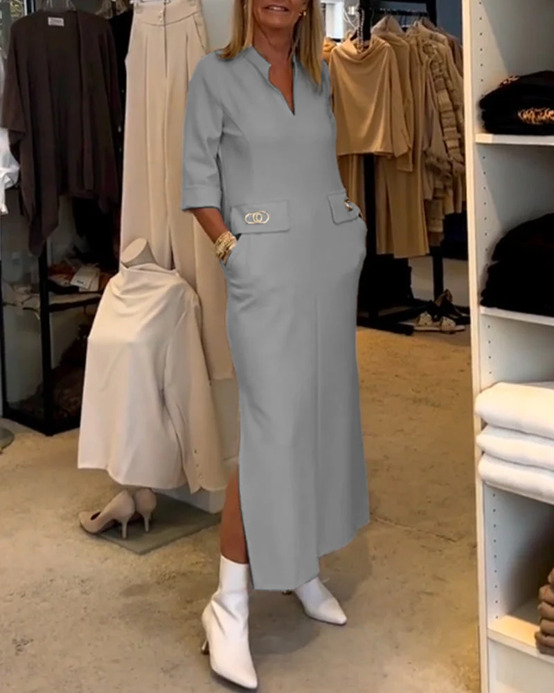 Scarlett® | Solid Color Slit Dress With 3/4 Sleeves - Image 5