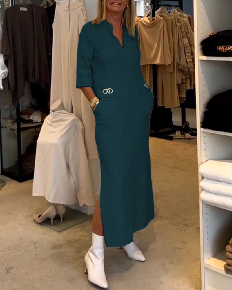 Scarlett® | Solid Color Slit Dress With 3/4 Sleeves - Image 6