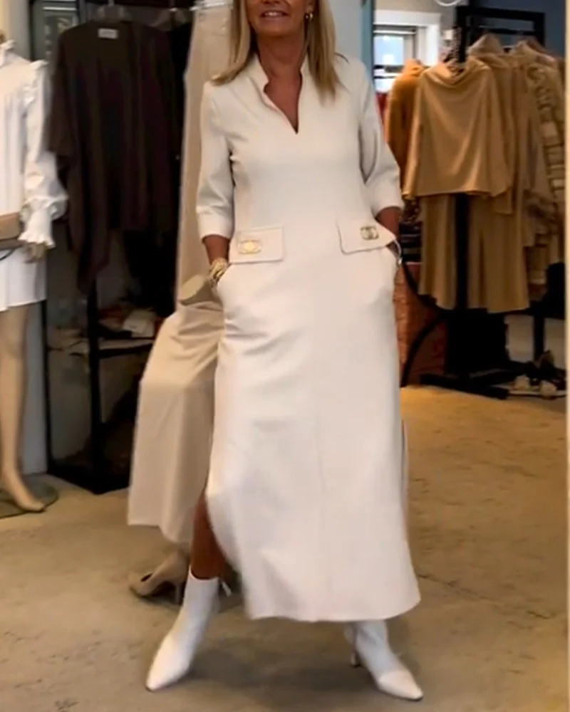 Scarlett® | Solid Color Slit Dress With 3/4 Sleeves - Image 7