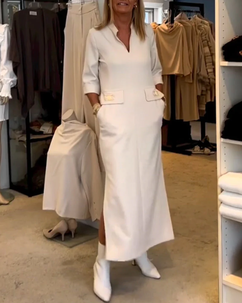 Scarlett® | Solid Color Slit Dress With 3/4 Sleeves - Image 8