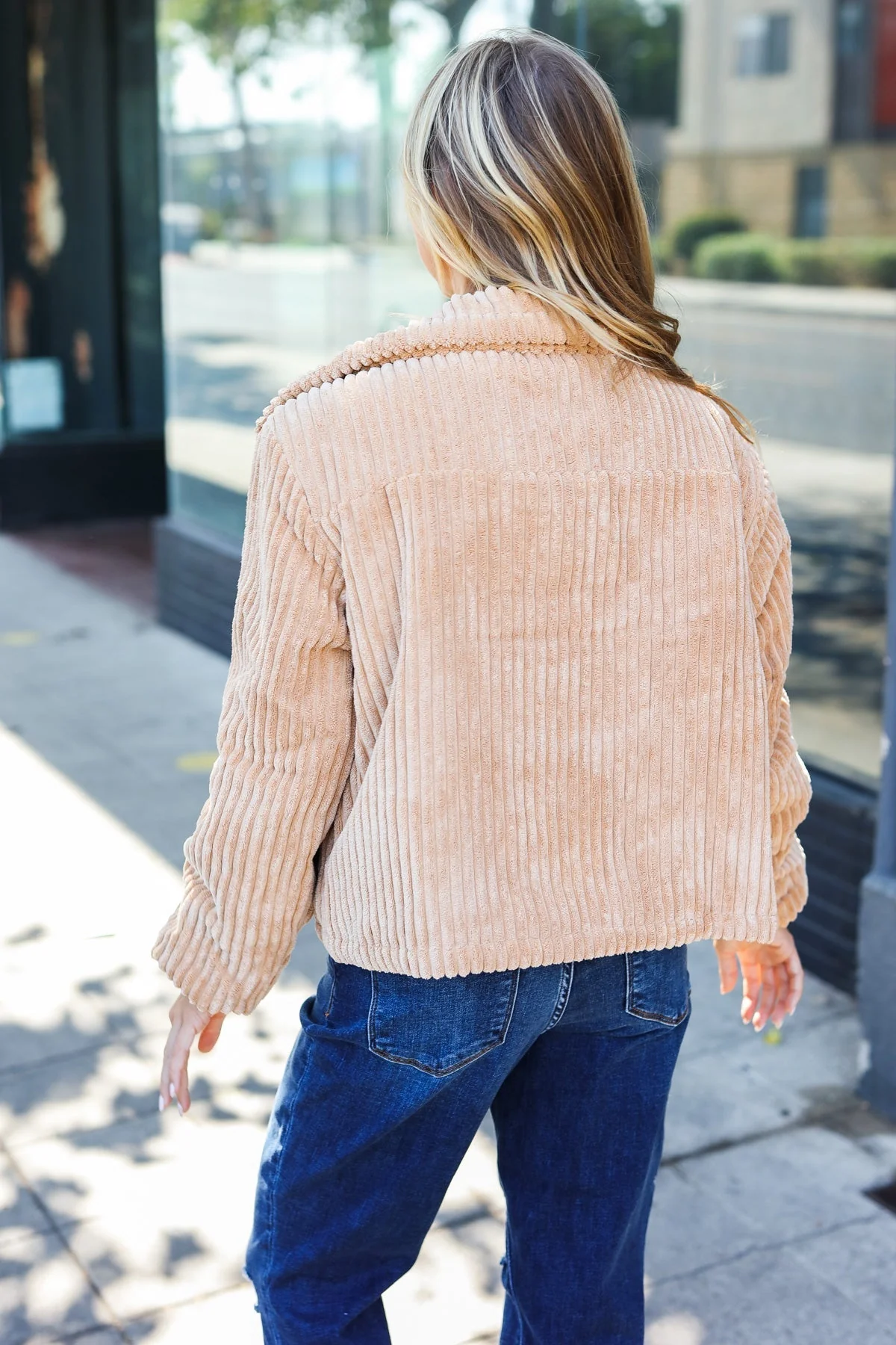 Selena | Casual-chic, ribbed stand-up collar puffer jacket made from corduroy in latte - Image 2