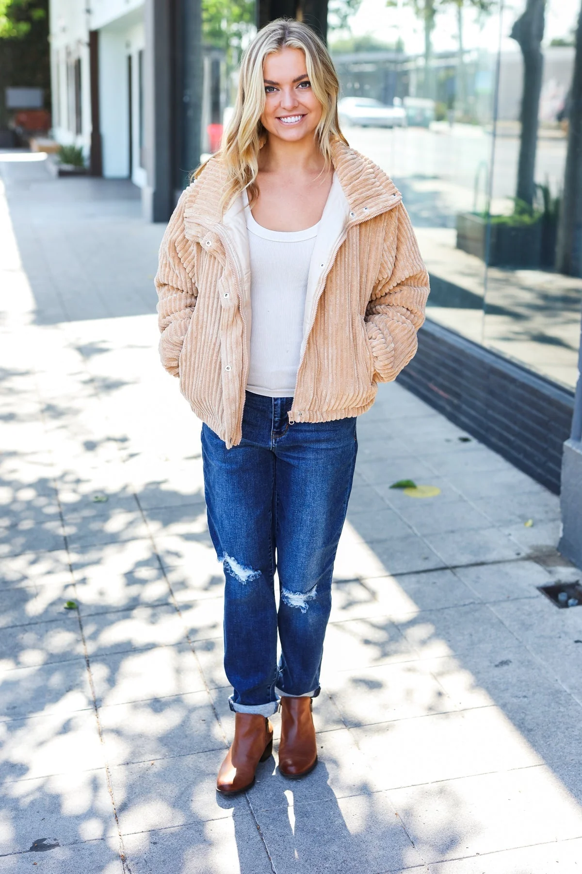 Selena | Casual-chic, ribbed stand-up collar puffer jacket made from corduroy in latte - Image 7