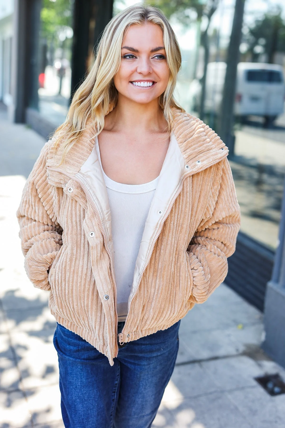 Selena | Casual-chic, ribbed stand-up collar puffer jacket made from corduroy in latte - Image 8