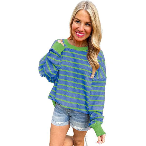 Selma | Orange striped loose sweater with a crew neck and shoulders - Image 10