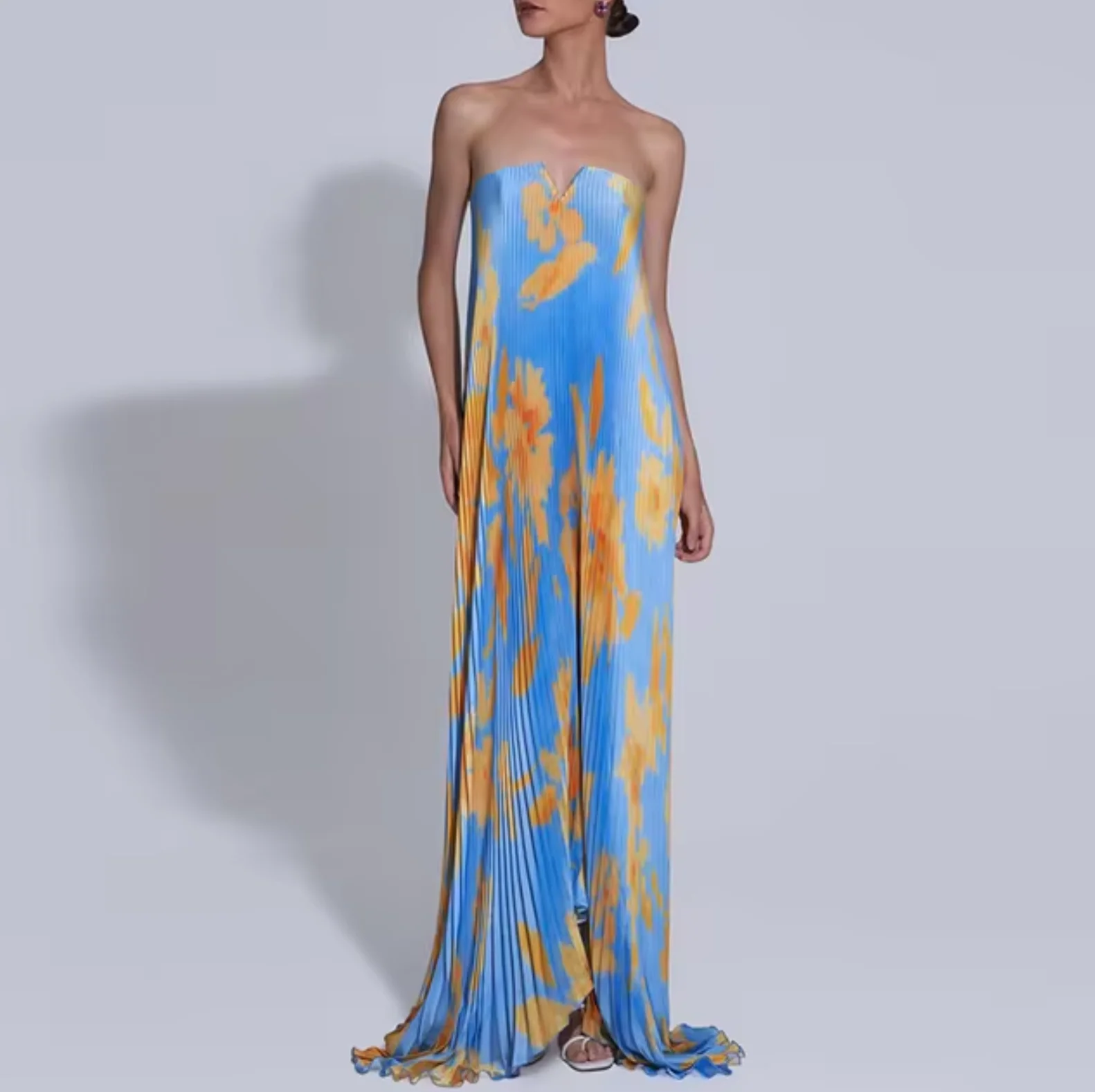 Silvana® | Floral Strapless Pleated Long Dress