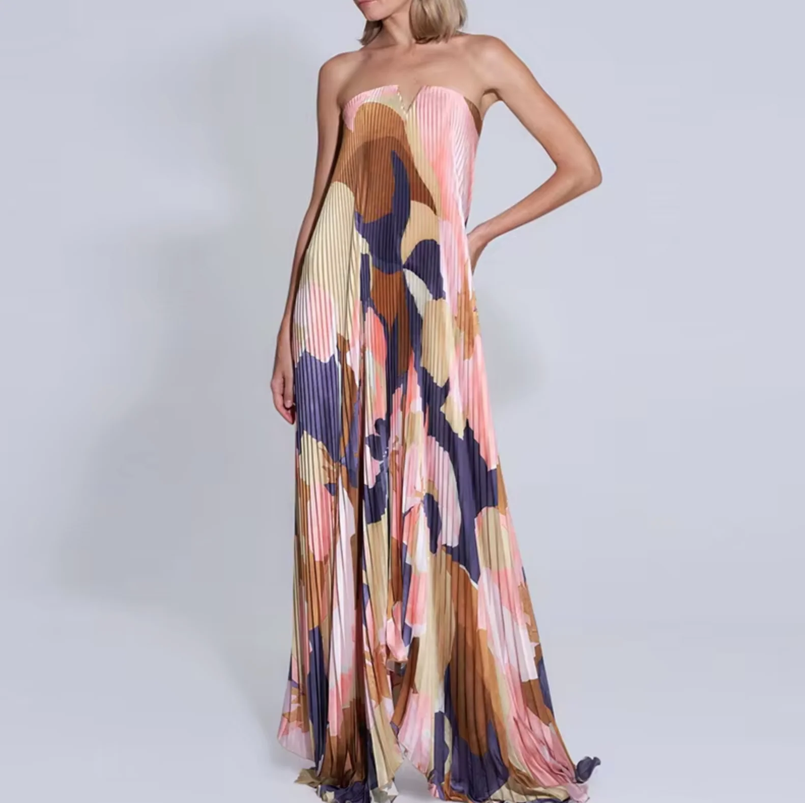 Silvana® | Floral Strapless Pleated Long Dress - Image 4