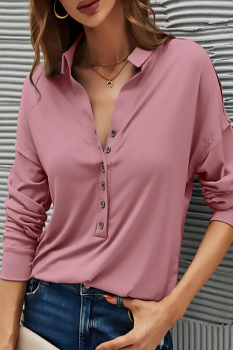 Silvia | Casual T-shirts with plain buttons and turn-down collar - Image 6
