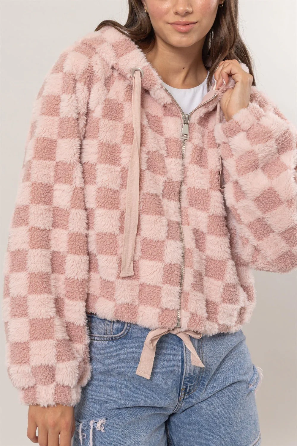 Silvia | Checked Sherpa zip hoodie jacket - Image 4