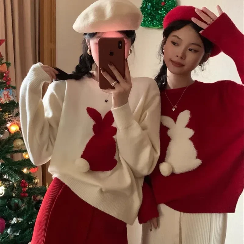 Silvia | Warm women's knitted sweater with a Christmas bunny embossing and a crew neck - Image 2