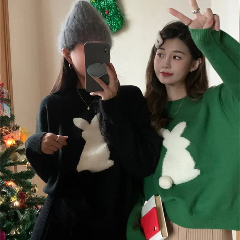 Silvia | Warm women's knitted sweater with a Christmas bunny embossing and a crew neck - Image 3
