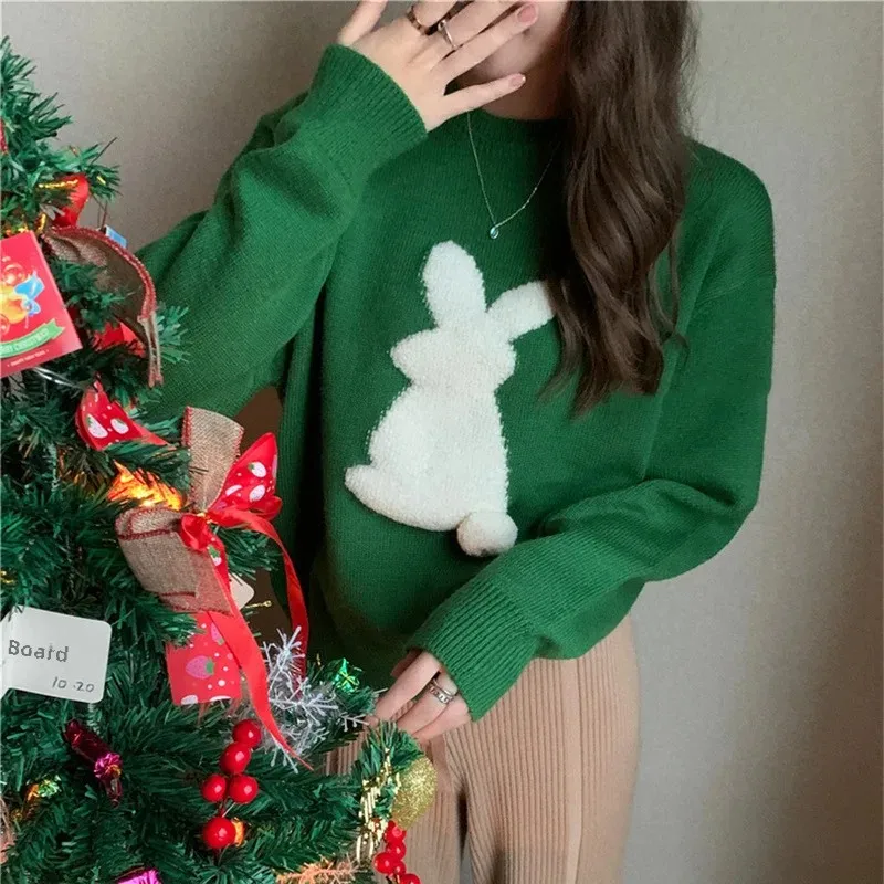 Silvia | Warm women's knitted sweater with a Christmas bunny embossing and a crew neck - Image 4