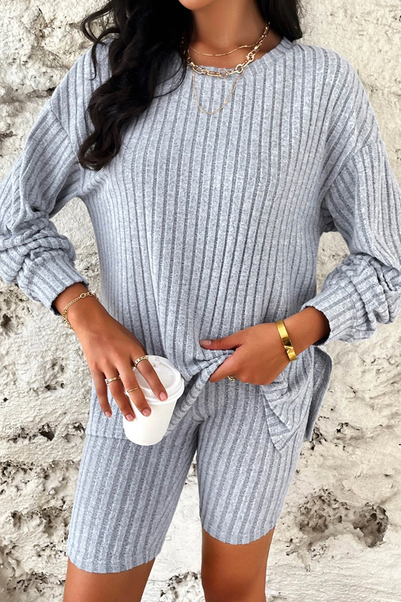 Simone | Solid ribbed knit top and shorts set - Image 2