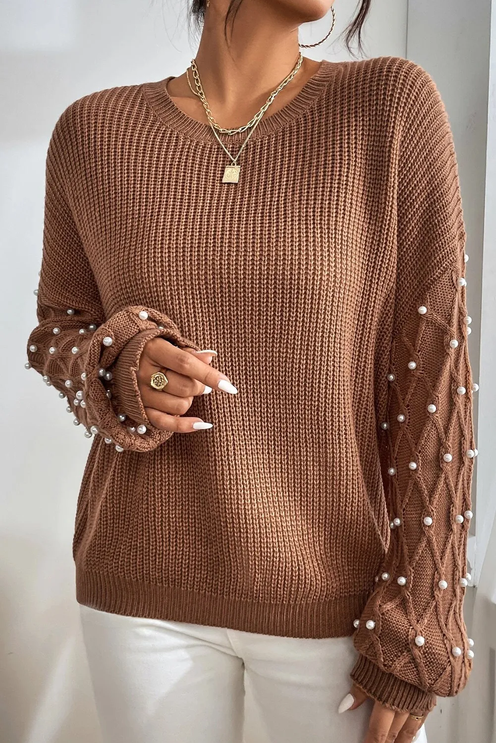 Sofia | Long sleeve crew neck sweater with pearl detail - Image 2