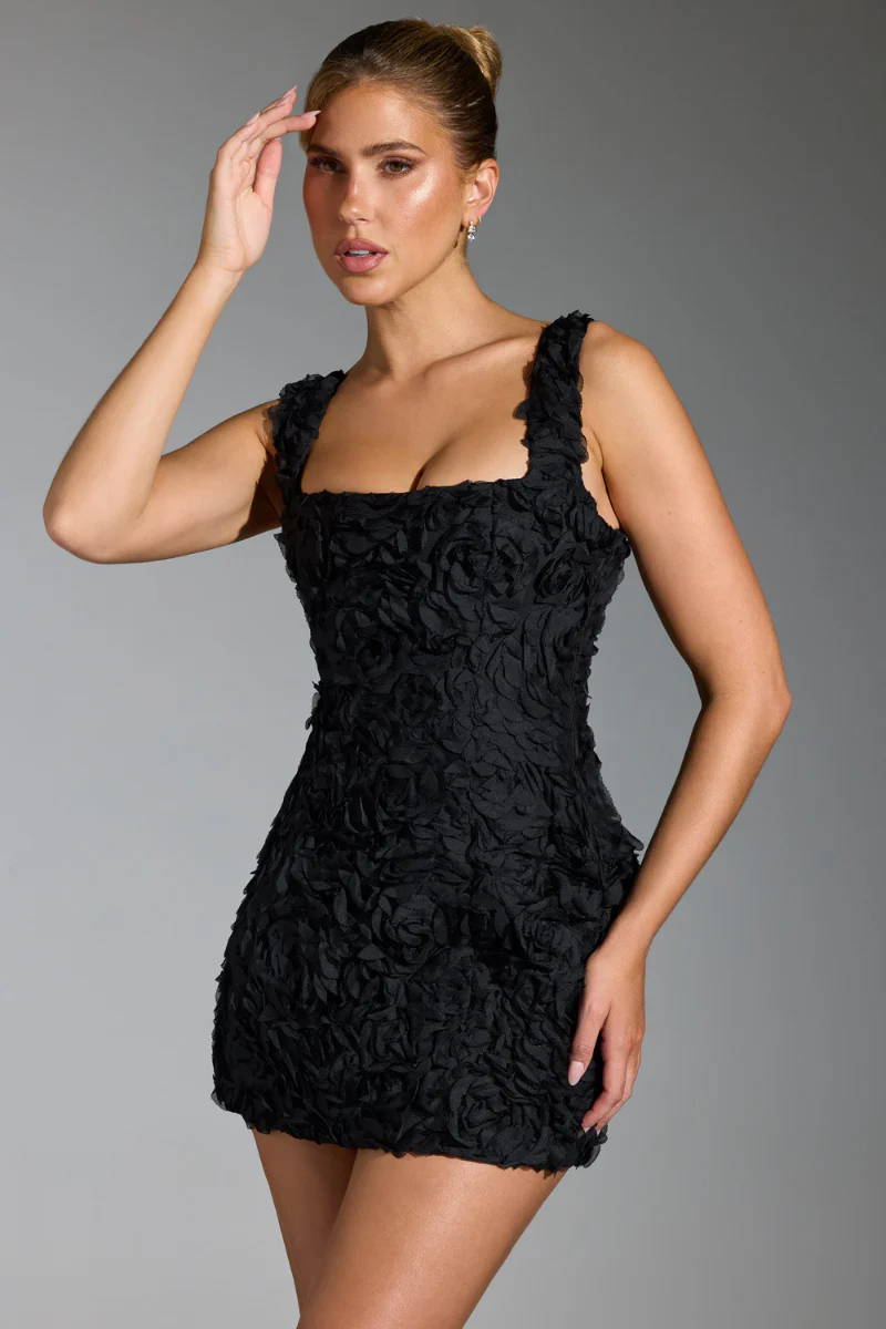 Sol® | Floral Lace-Up Square Neck Mini Dress In Black - Image 6