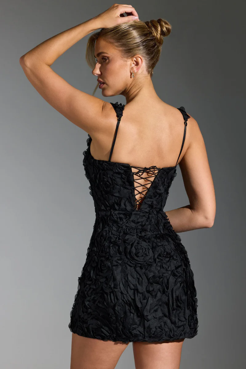 Sol® | Floral Lace-Up Square Neck Mini Dress In Black - Image 8