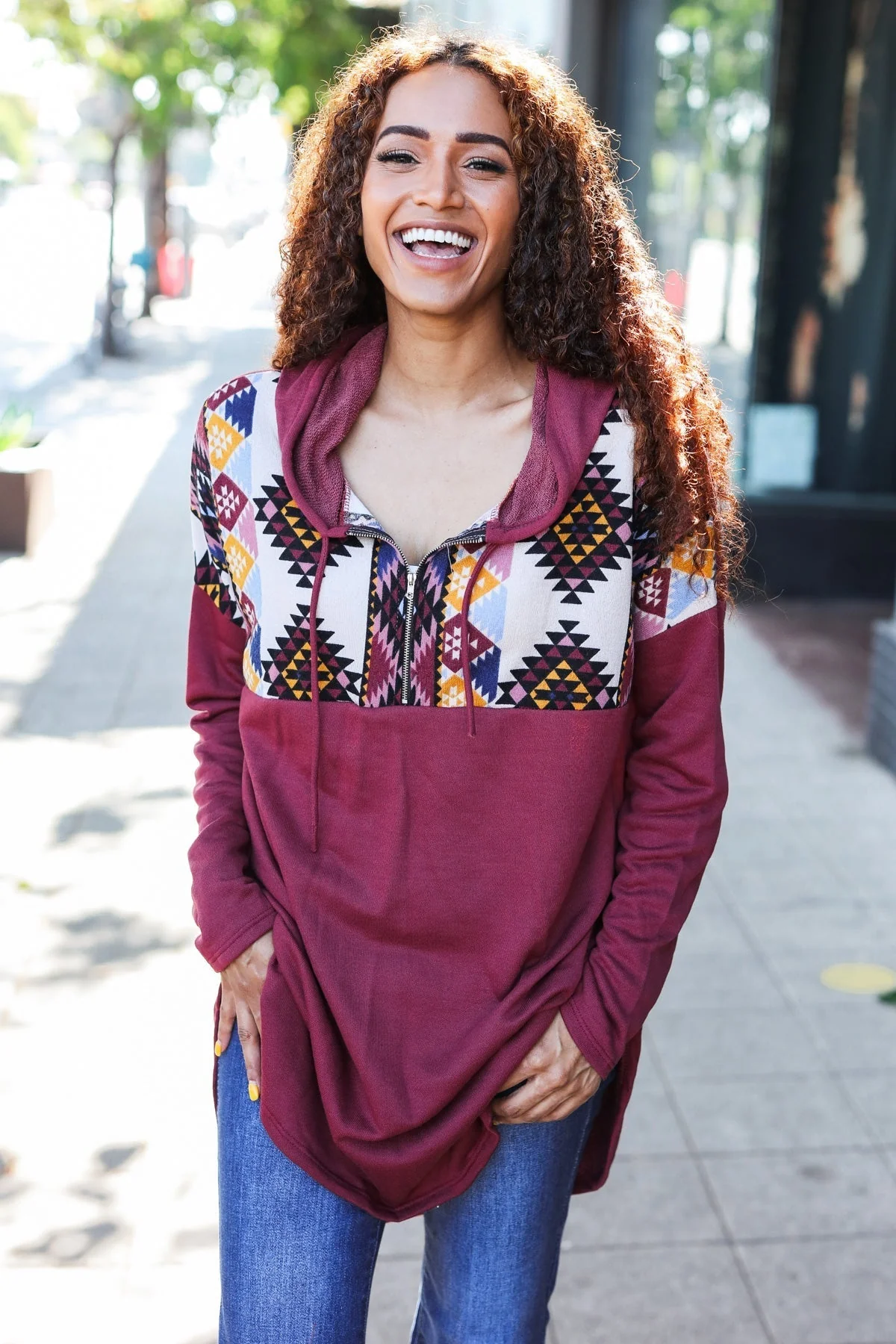 Solange | Standout longline half zip hoodie with tribal print in burgundy - Image 5