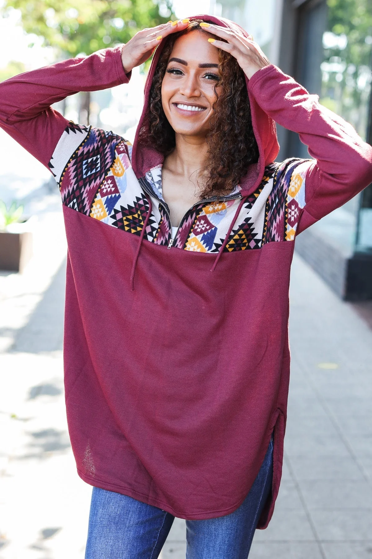 Solange | Standout longline half zip hoodie with tribal print in burgundy - Image 8