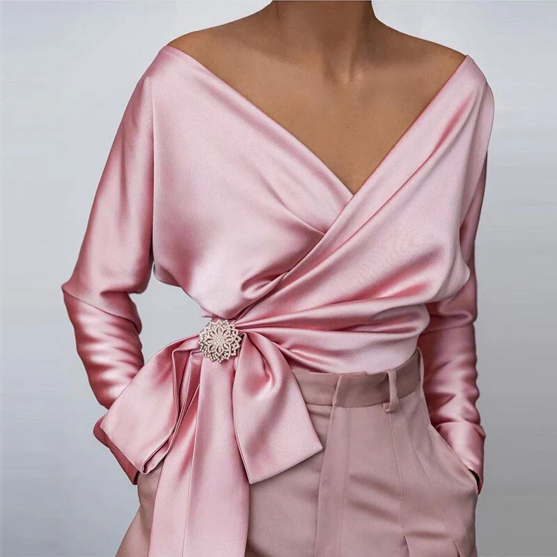 Soledad® | Pink Satin V-Neck Blouse