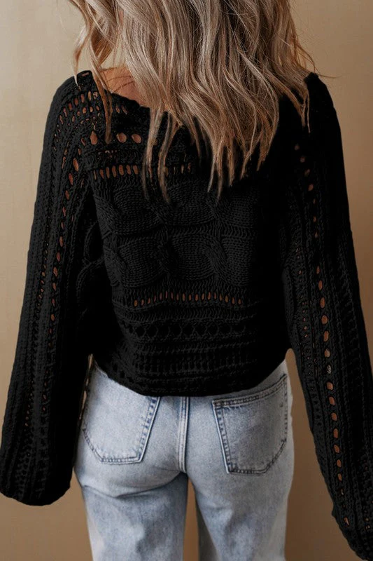 Sonia | Gray hollow out cropped cable knit sweater - Image 9