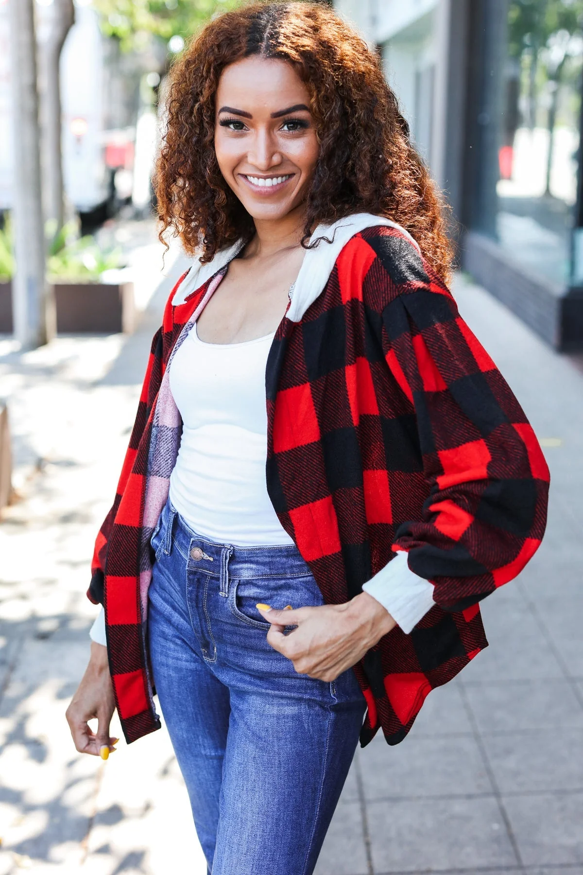 Sonia | Red buffalo check ribbed hoodie from Stepping Out - Image 3
