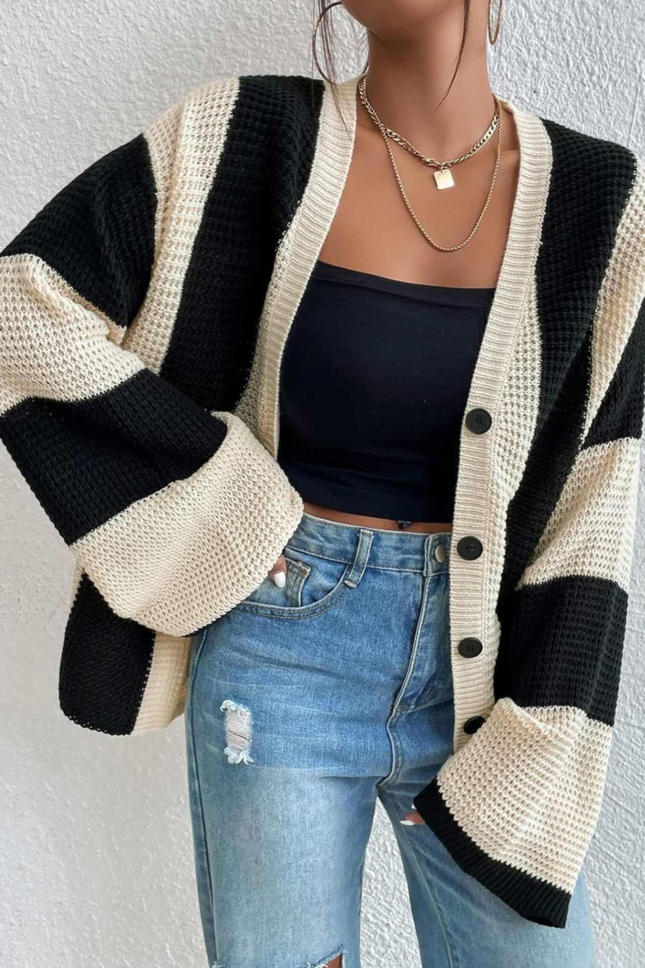 Stefania | Cardigan with contrasting stripes and flared sleeves - Image 2