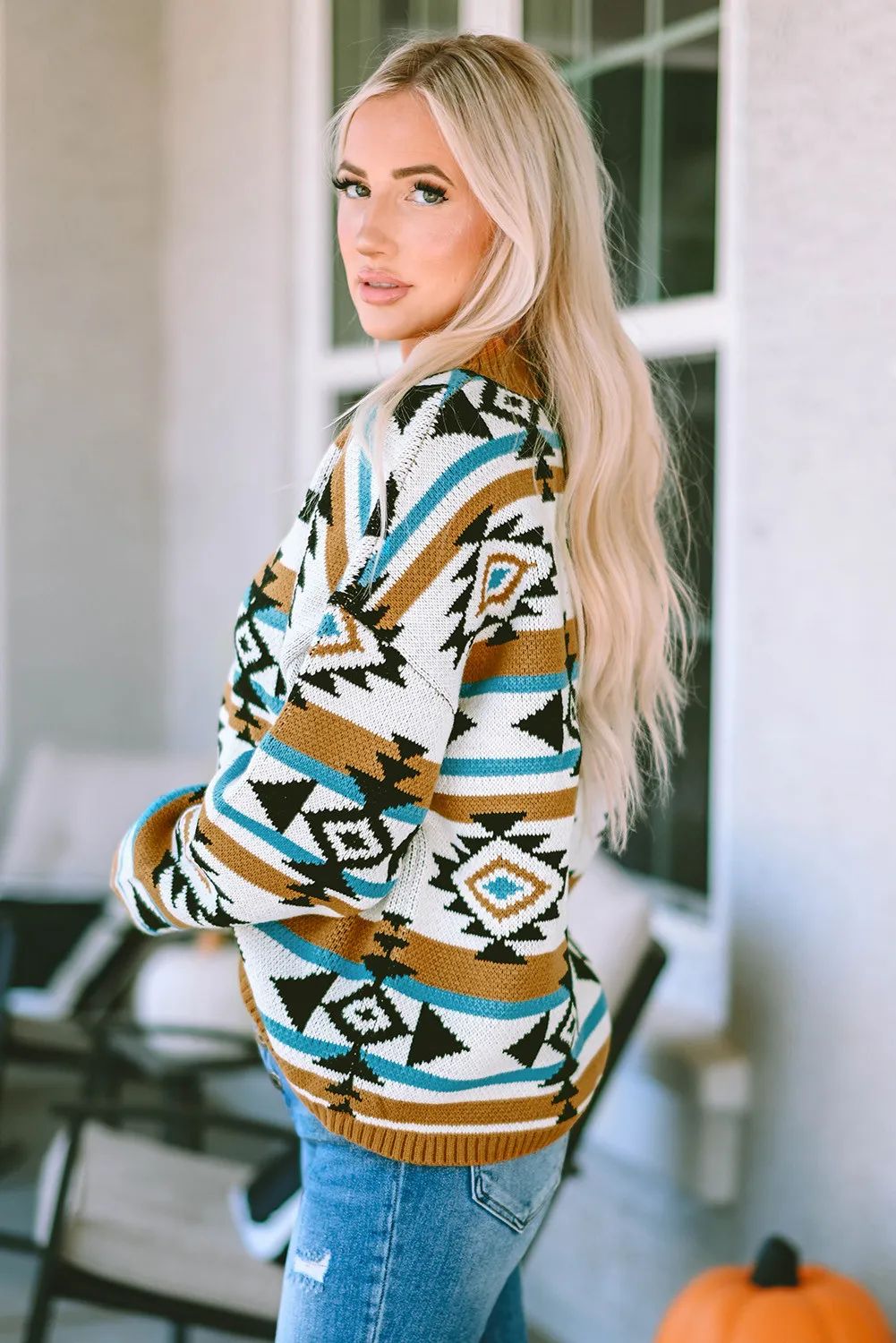 Stefanie | Full size long sleeve geometric crew neck sweater - Image 4