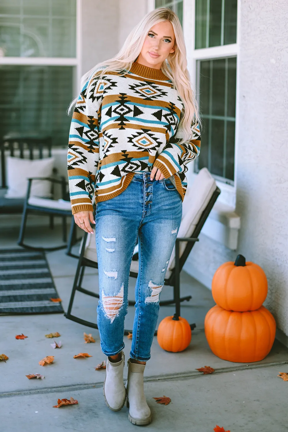 Stefanie | Full size long sleeve geometric crew neck sweater - Image 6