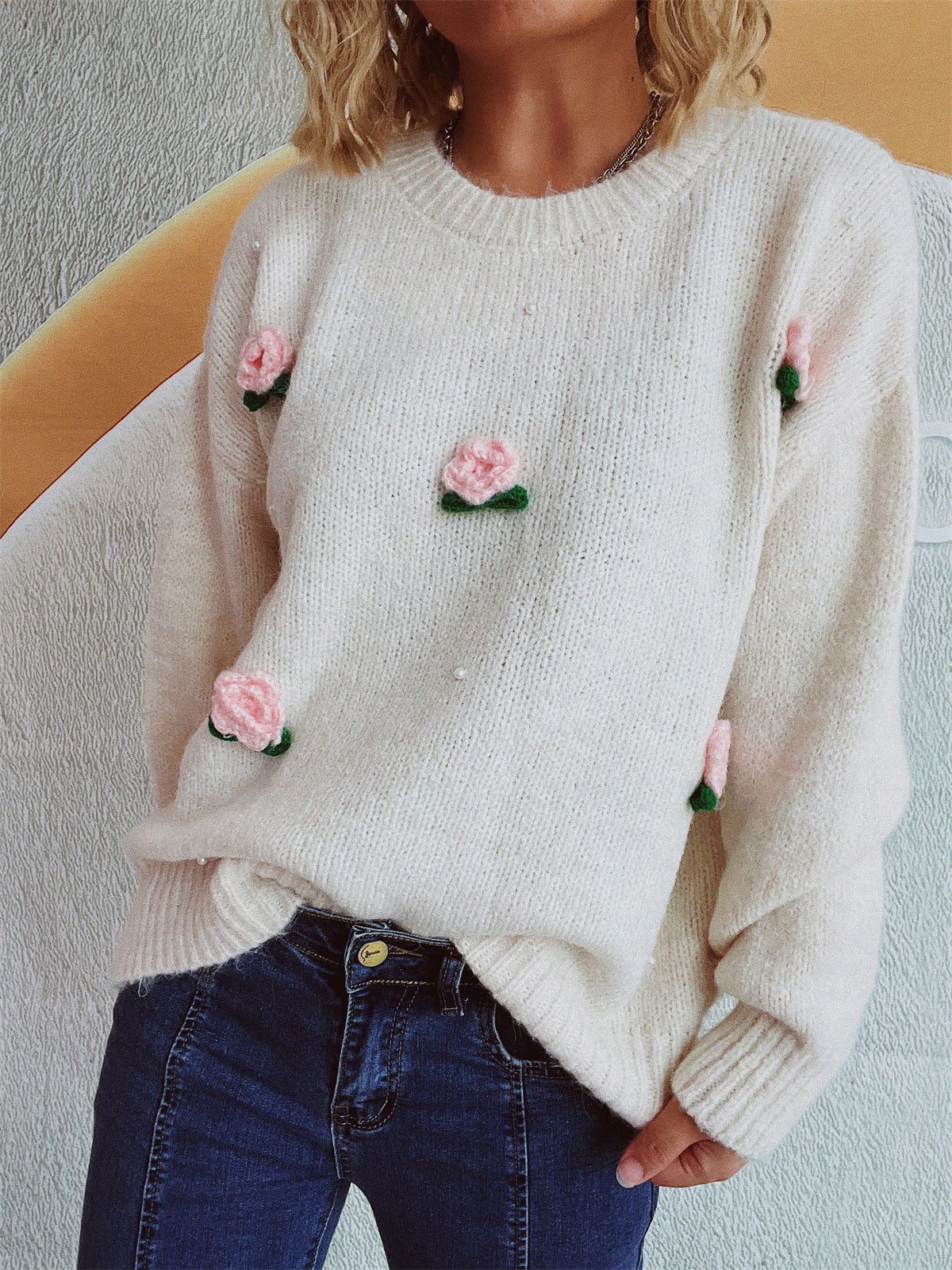 Stefanie | Long-sleeved sweater with a floral crew neck - Image 5
