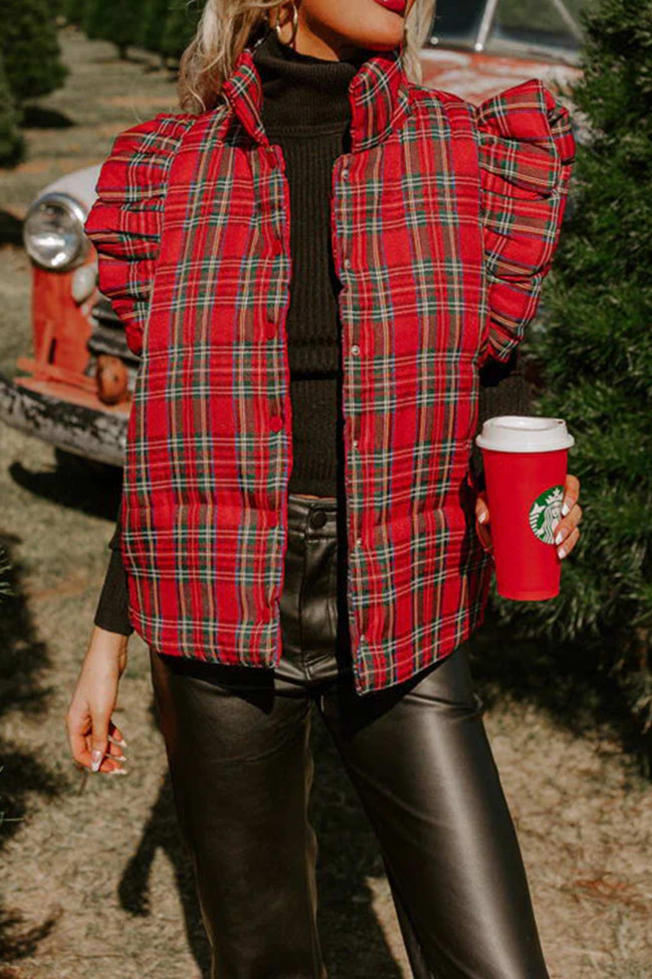 Sybille | Checked vest with stand-up collar and ruffles - Image 3