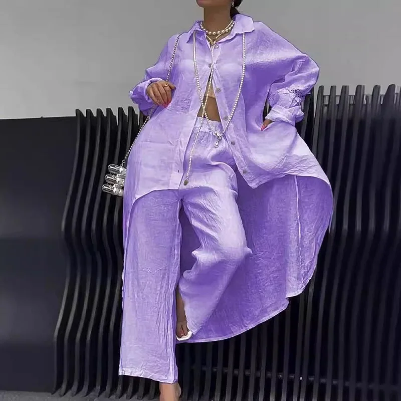 Tamar | Women's linen crochet set with buttons and lapel collar - Image 6