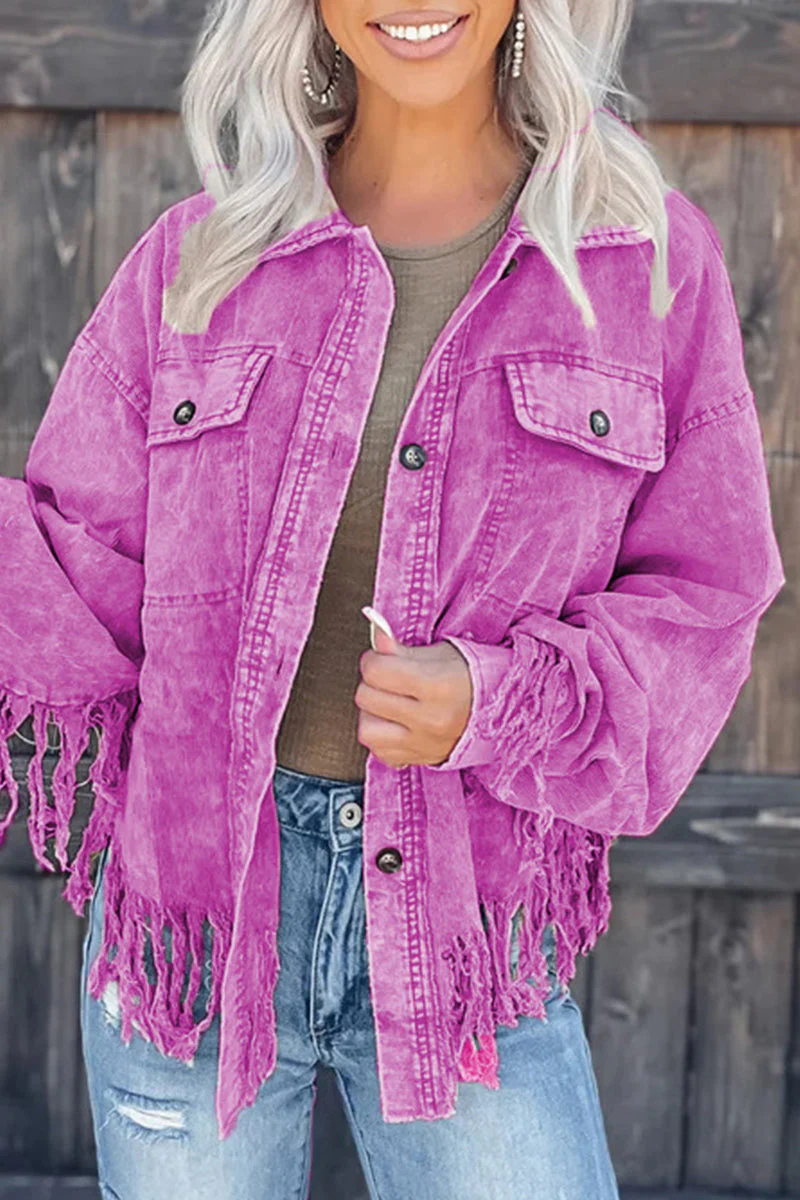 Tamara | Casual, solid color outerwear with an asymmetrical turn-down collar and tassels - Image 5