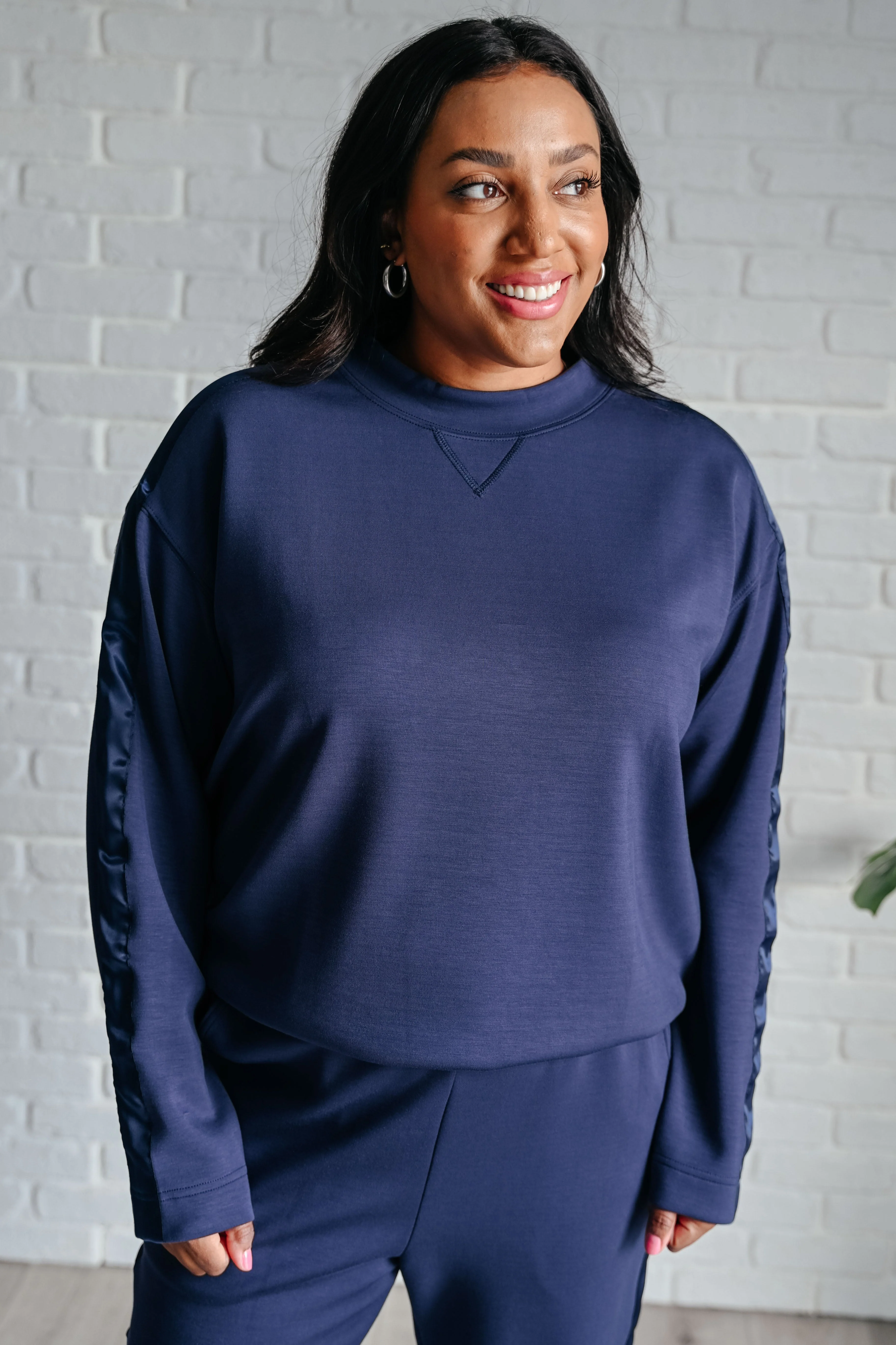Tania | Satin stripe sweater in smoky navy - Image 2