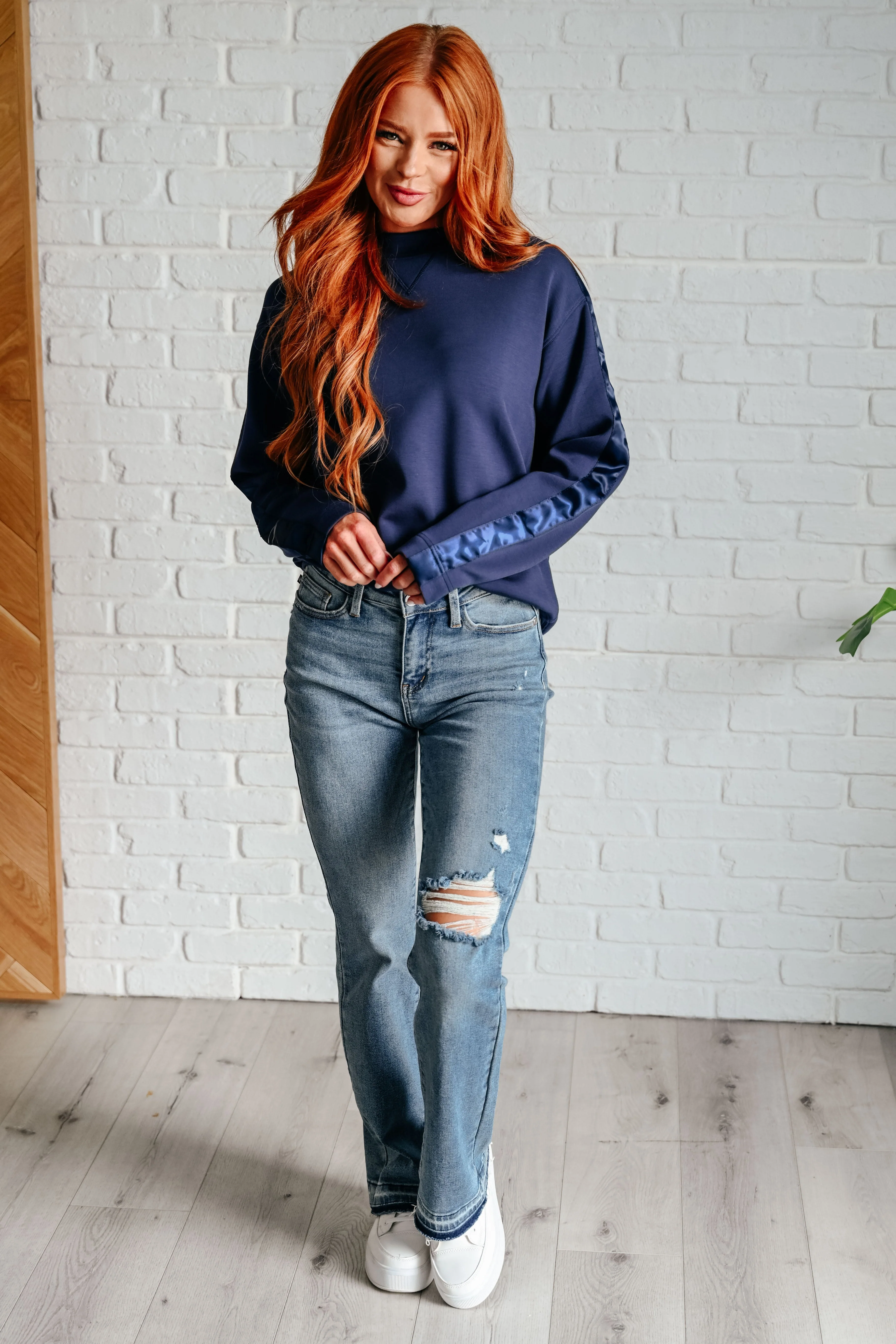 Tania | Satin stripe sweater in smoky navy - Image 3