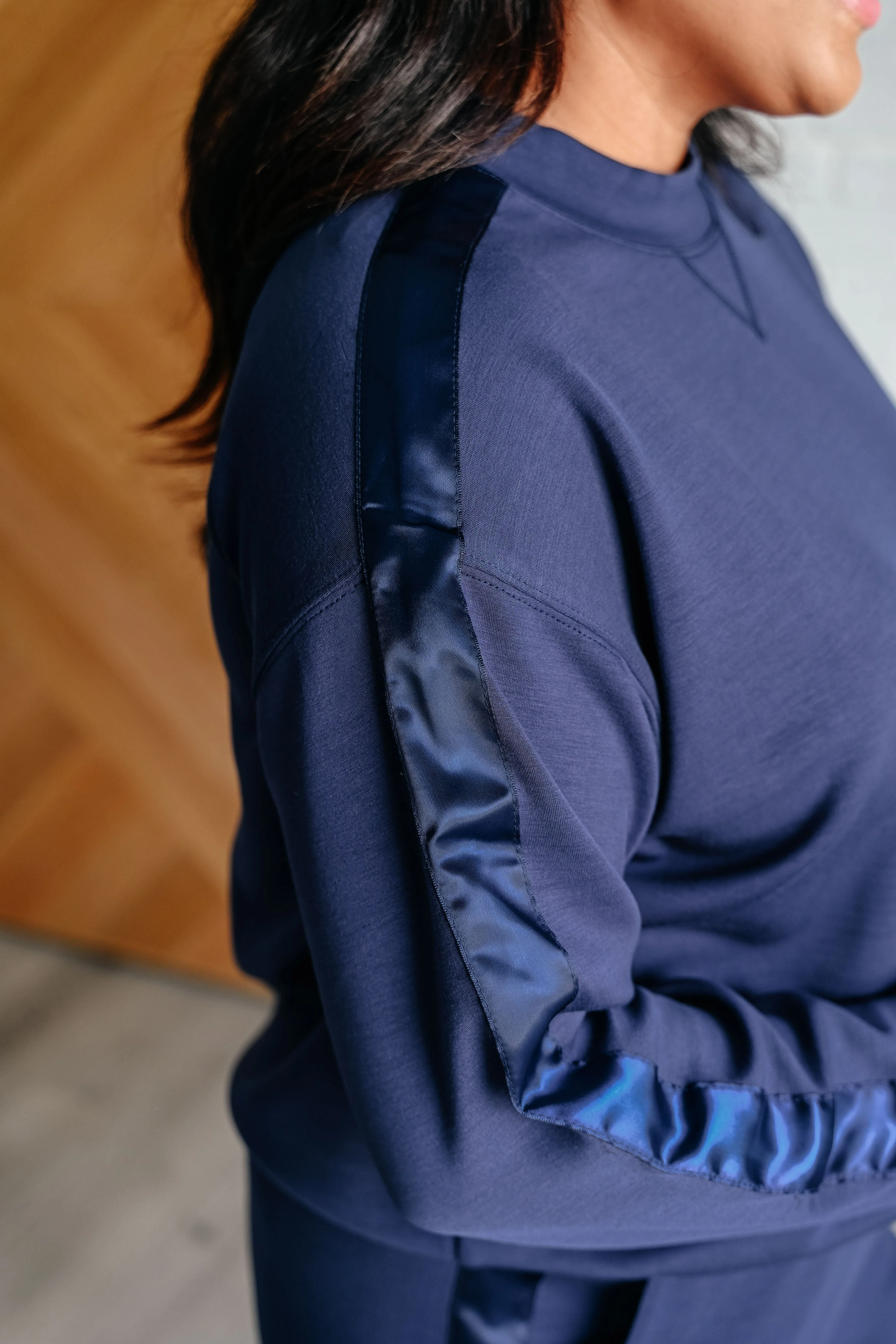 Tania | Satin stripe sweater in smoky navy - Image 6