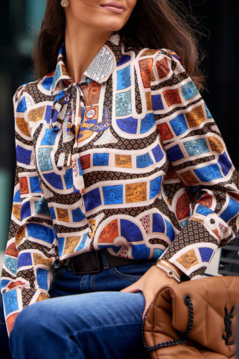 Tatiana | Elegant printed patchwork shirt collar tops - Image 2