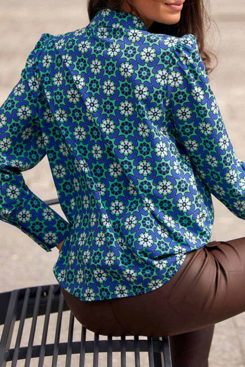 Tatiana | Elegant printed patchwork shirt collar tops - Image 5