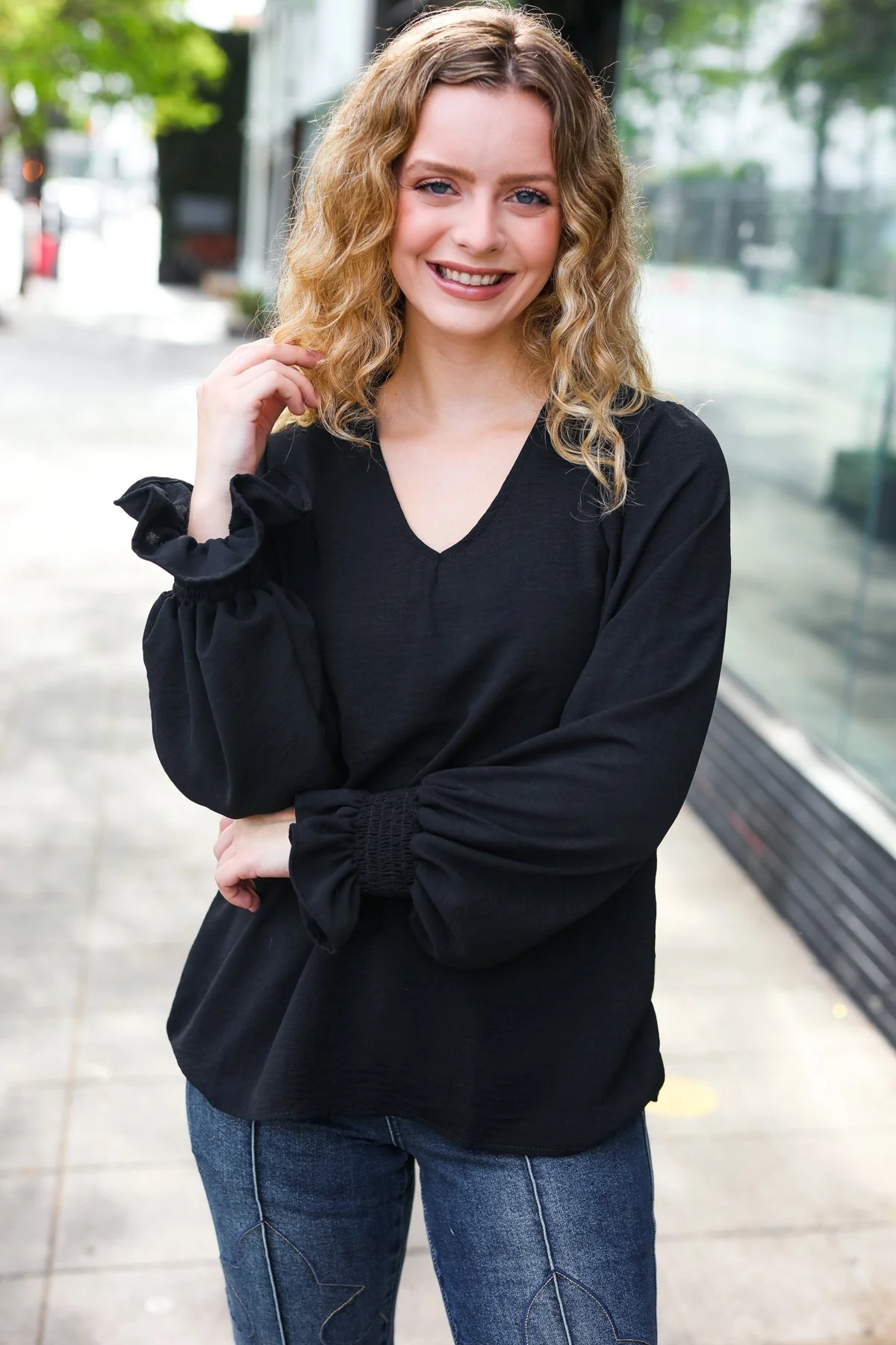 Tatiana | Hello beautiful black smocked woven top with bubble sleeves - Image 10