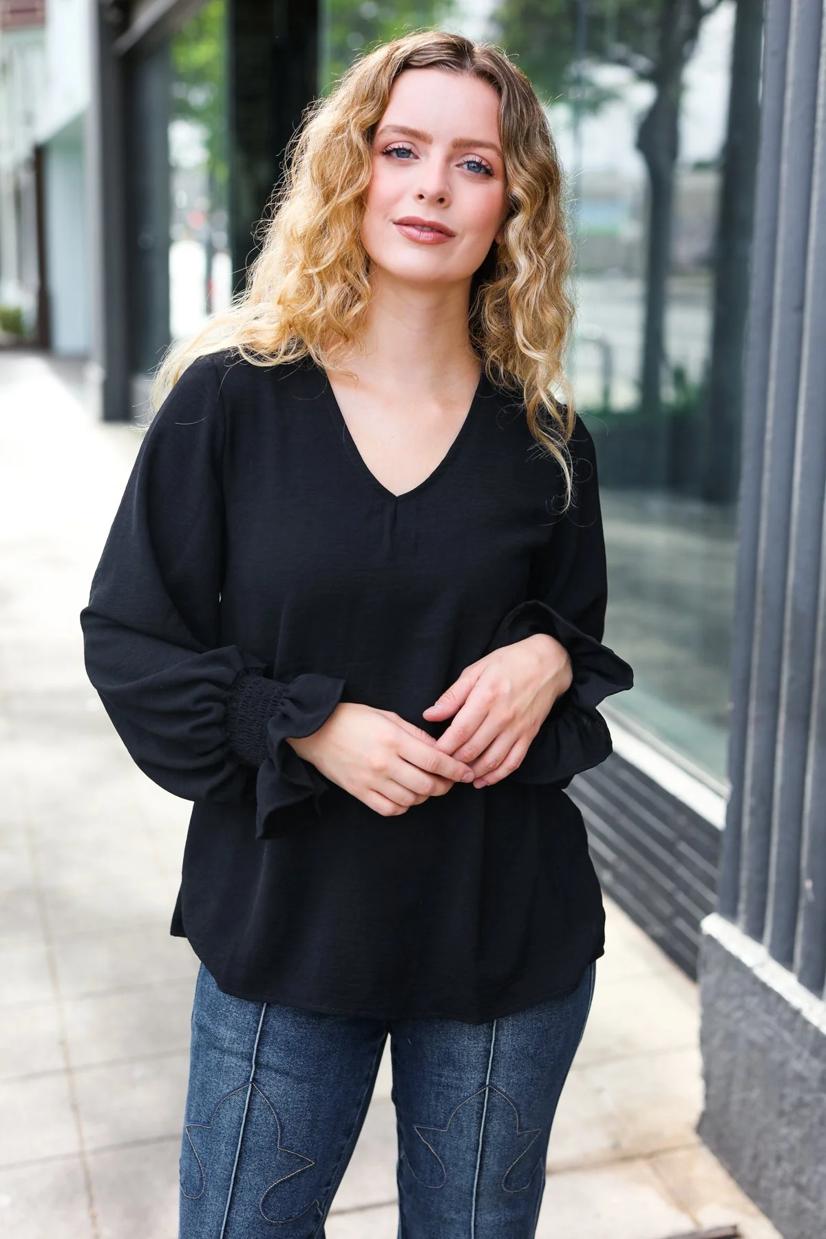 Tatiana | Hello beautiful black smocked woven top with bubble sleeves - Image 3