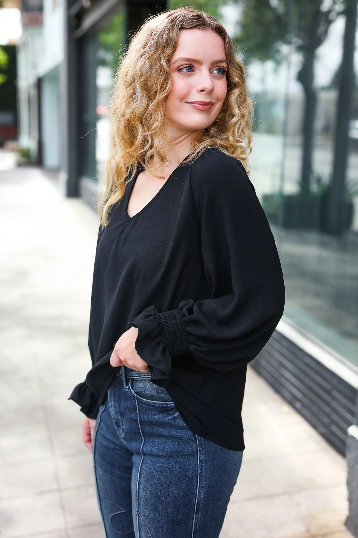 Tatiana | Hello beautiful black smocked woven top with bubble sleeves - Image 6