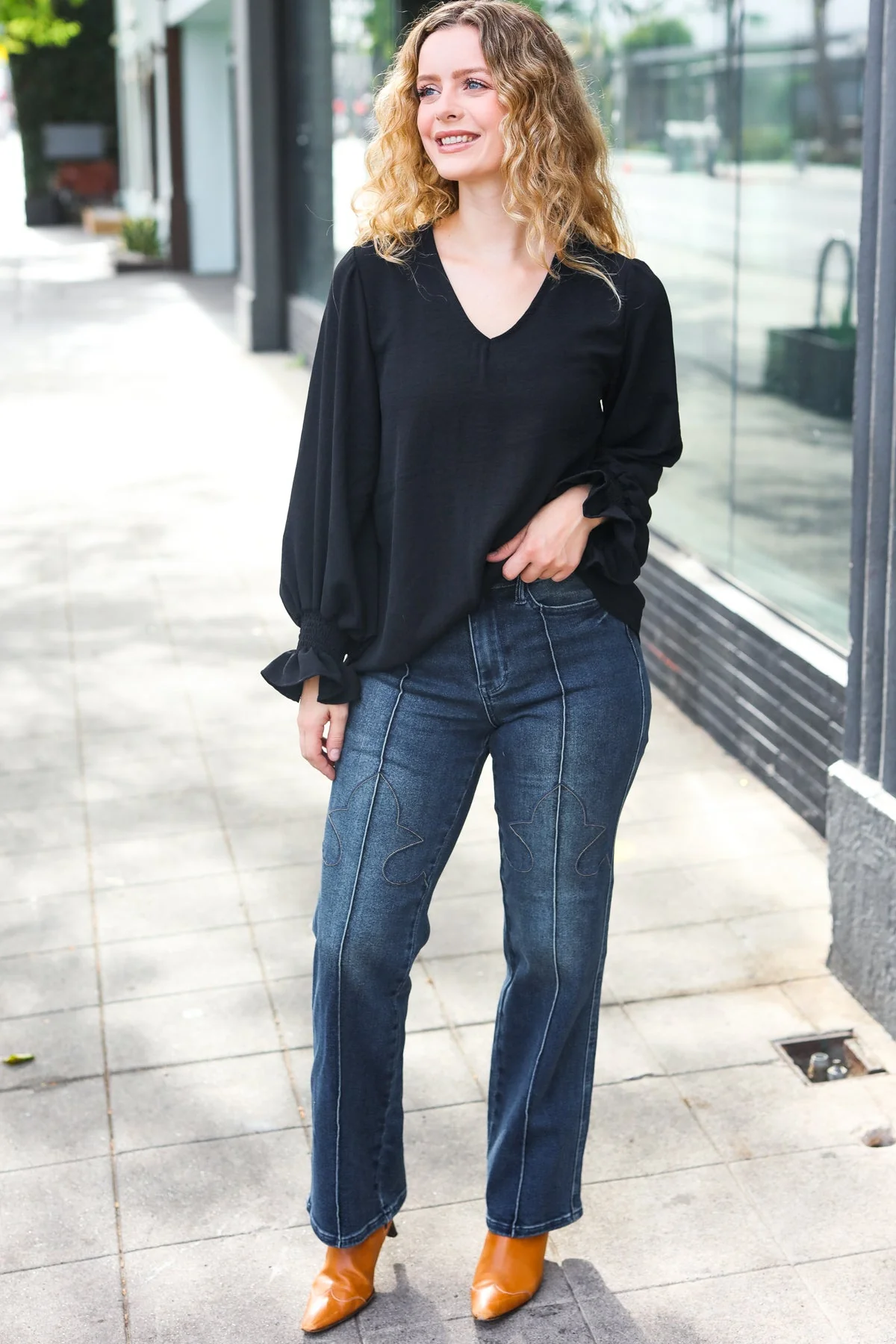 Tatiana | Hello beautiful black smocked woven top with bubble sleeves - Image 8